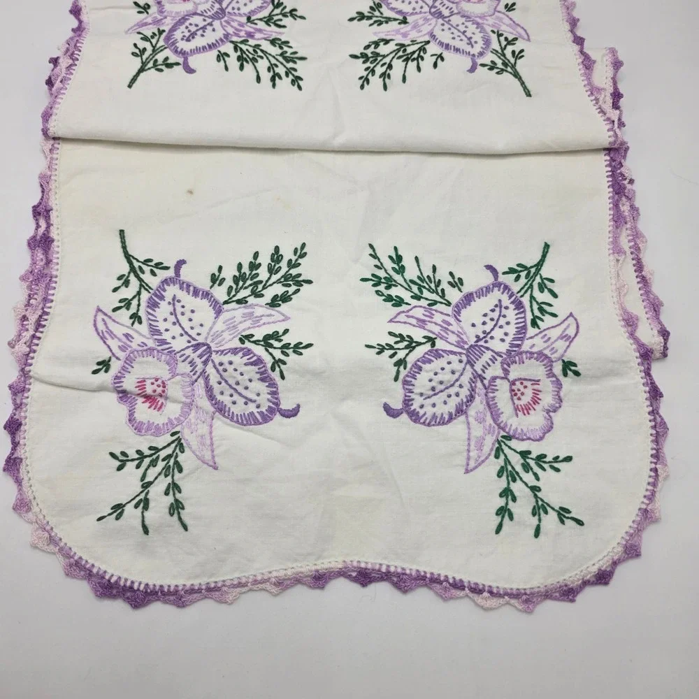 Vintage Hand Embroidered Dresser Scarf Purple Orchid Crochet Edge Table Runner